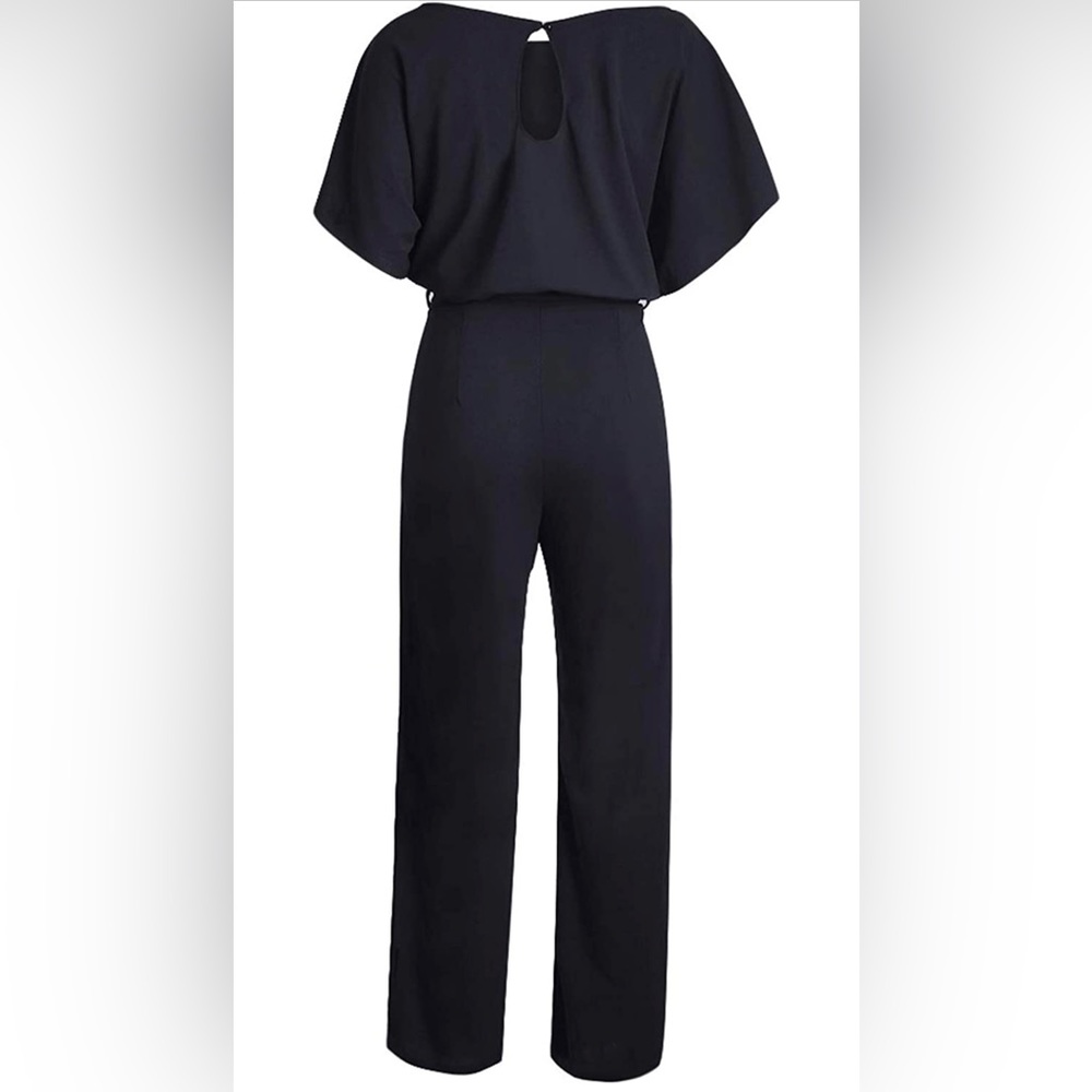 NWOT Women Casual Loose Short Sleeve Belted Wide Leg Pant Romper Jumpsuits Black - Picture 5 of 5